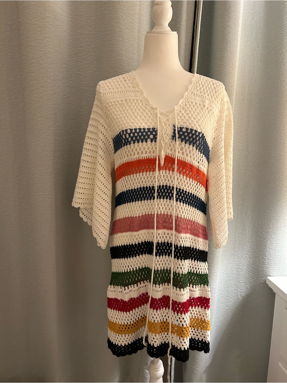 Muche Muchette Cream Crochet Open-Knit Sweater Tunic with Multi-Color Stripes